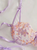 Ribbon Tie Up Embroidery Flower Half Cup Lingerie Set- Outfit