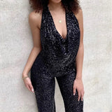 Sleeveless Halter Shiny Jumpsuit Women Chic Zipper Backless Party Romper High Street V Neck Long Pants Waisted Overall