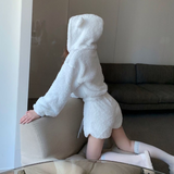 Autumn Winter Women's Plush Sweater Slim Retro Fashion Thickened Short High Waisted Bear Hooded Top and Short