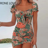 Women Elegant Fashion Sweet Floral Square Neck Tie Front Dress Mini Dress Bodycon