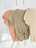 Zingj Temperament Super Gentle Wind Knit Short Sleeve Jacket Female Solid Color Back Hollow Out Rope Tie Knit Short Sleeve
