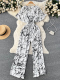 Beach Summer Floral Jumpsuits Fashion V Neck Elastic Slim Short Sleeve 2023 Streetwear Vacation Retro Long