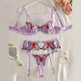 Purple Butterfly Embroidery Lingerie Set- Outfit