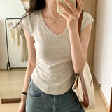 And Feel Waist Solid Color V-Collar Short-Sleeved T-Shirt Women's New Summer Side Wrinkle Slim To Show The Trend Of Thin Short-Style