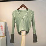 V-neck Knitted Cardigan Women's Patched Full Sleeve Buttons Sweaters Cardigans Femme Thin Knitwear Crop