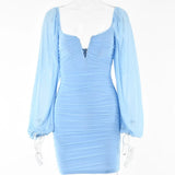 V-Neck Puff Sleeve Ruched Dress Women Party Double Layer Long Sleeve Sexy Mini Dresses Elegant Femme Clubwear