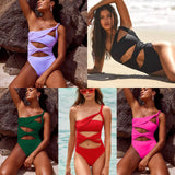 Solid Color Cross-Shoulder Hollow One-Piece Swimsuit Women 2025 New High-Waisted Integrated Export