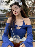 Fashion Elegant Women T-Shirts Solid Knit Slim Stretch Halter Flare Sleeve Two Piece Top Female Streetwear Sweet