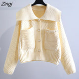 Sweet Lolita Pearl Knitted Sweater Women Peter Pan Collar Single Breasted Cardigan Autumn Preppy Style Loose