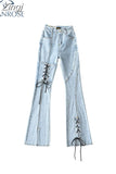 Jeans Hight Waist Strappy Cross Jeans Women 2023 Fashion Denim Pants Bottom Harajuku Streetwear Boyfriend Style