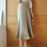 Summer Midi High Waist Satin Skirt Elegant A-Line Solid Office Ladies