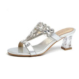 New High-Heeled Sandals Are Sexy And Fashionable In Gold In Summer, Wearing Thick Heels And Diamond-Encrusted Slippers In Middle