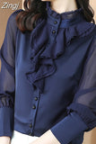 Lace Chiffon Women Blouse 2023 OL Youth Women Shirts Fashion Long Sleeve Top Dark Blue Button Female Clothing