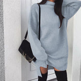 Loose Solid Long Slevee Women's Split Dress 2021 Autumn Winter Fashion Turtleneck Elegant Lady Mid-length Dress Plus