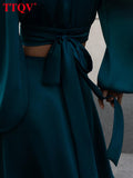 Casual Blue 2 Piece Sets Womens Outfits Elegant V-neck Long Sleeve Crop Shirts And High Waist Mini Skirt Set
