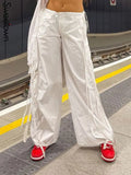 Baggy Cargo Pants Pockets Streetwear Ribbons Tassels Y2K Casual Drawstring Low Waist Wide Leg Womens Hippie