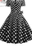 Women Vintage Dress Summer 50s 60s Retro Pin Up Swing Rockabilly Vestidos Elegant Black Polka Dot Office Party