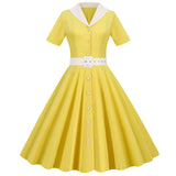 Shirt Rockabilly Dresses Contrast Collar Button Up Short Sleeve Women Elegant High Waist Vintage 60s 50s Midi Swing
