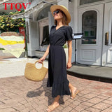 Sexy V-Neck Black Summer Dress Ladies Casual Loose Short Sleeve Midi Dress Elegant Slit Vacation Dresses For Women