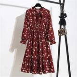 Women Casual Summer Dress Lady Korean Style Vintage Floral Printed Chiffon Shirt Dress Long Sleeve Bow Midi Summer Dress