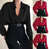 Fashion Autumn Women Blouse Shirt Lapel Long Sleeve Solid Black Red Ladies Blouse For Women Female Top