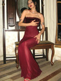 Strapless Red Feather Mesh Maxi Dress- Outfit
