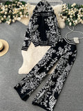 Hoodie Sporty Suits Zipper Loose Cardigan+High Waist Wide Legs Long Pants 2023 Autumn Women Fashion Print Casual