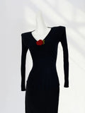Zingj New Hand Hook Stereo Rose Knit Sweater Female Autumn Temperament Shows Thin V Collar Black Bottom