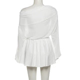 White Sheer Off-shoulder Top And Pleated Mini Skirt Set- Outfit
