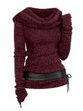 Cowl Front Lace Up Belted Sweater Spring Tops Tee For Women Solid Black Green Light Gray 211-1-Outfit
