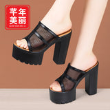 High-Heeled Slippers Women's Summer 2024 New Waterproof Platform Thick Bottom Fish Mouth Slippers Large Size Fishmouth Slippers Wear Fashionable Word