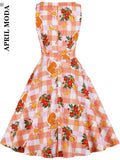 Arrivals Sleeveless Plaid Swing Flare Summer Dress Orange Fruit Printed 50s Elegant Party Wear A Line Midi Office