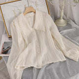Sweet Peter Pan Collar Lace Hollow Casual Sweet Blouse Shirts Women Long Sleeve White Chemise Chic