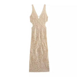 Beach Dress Female Knit Hollow Out V Collar Low Chest Slim Sexy Medium Long Dress