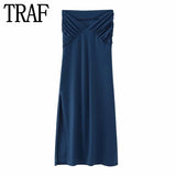 Ruched Long Skirts For Women Fashion 2023 Nvay Blue High Waist Skirt Woman Summer Midi Slit Skirt Elegant Women's