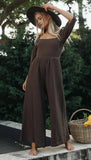 Queens Women Solid Cotton Half Sleeve Backless Wide Leg Boho Pants Rompers Bohemian Square Collar