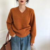 Zingj Autumn Winter New Style Lazy Wind Restoring Ancient Ways Temperament V Collar Design Sense Sweater Simple And Versatile Pure Color Sweater Female-Outfit