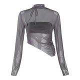 2025 Fashion Trend Women's New Long-Sleeved Square Necker Repair Exposed Umbilly Mesh Perspective