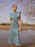 Printed Flying Sleeve Midi Dress For Women Vintage Single Breasted O Neck Slim Dresses 2024 New Summer Lady Holiday