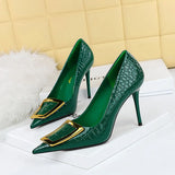 Zingj Korean Version Of Fashion And Slender Thin Heel Shallow Pointed Metal Buckle Single Shoes Women's High