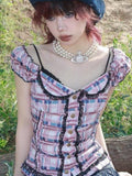 Contrast Color Y2k Aesthetic Plaid Shirt Fashion Bandage Lace Slim Blouse Streetwear Grunge Blusas Mujer De