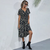 Queens Women Floral Print Short Sleeve Beach Sexy Bohemian Midi Dress Ladies V-neck Boho Sundress