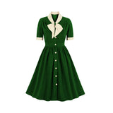 Vintage Midi Dress Women Summer 50s Bow Collar Elegant Office Casual Button Shirt Jurk Ladies Retro Rockabilly