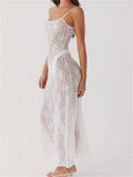 Sexy Women Lace Floral Long Dress Sexy Mesh See Through Summer Dress Sleeveless Strap White Beach Female Vestido