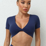 V-neck Sporty T-Shirts Women Sportswear Gym Sport Shirts Short Sleeve Top for Fitness Workout Clothing Female Yoga Crop
