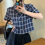 Shirts Women Plaid Crop Top Vintage Korean Style Sweet Notched Ins Fashion Slender Leisure Chic All-match Summer