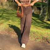 Casual Straight Brown Jeans Women Vintage High Waist Long Trousers Ladies Casual Loose Wide Leg Pants Capris