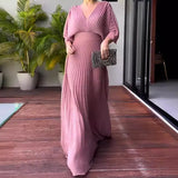Zingj New Fall 2023 Solid Color V-Neck Bat Sleeve High-Waisted Dress-Outfit