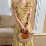 Zingj Chic Summer French Elegant V Collar Fold Feeling Waist Show Thin Long Broken Flower Platycodon Dress
