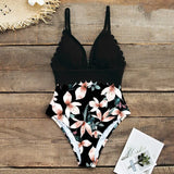 In The Forest One-piece Swimsuit Women Deep V neck Back Cutout Ruffle Monokini 2021 Summer Bathing Suit Swimwear